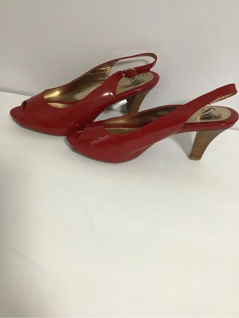 Sofft Red Patent Slingback Peep-Toe Heels with Stacked Heel